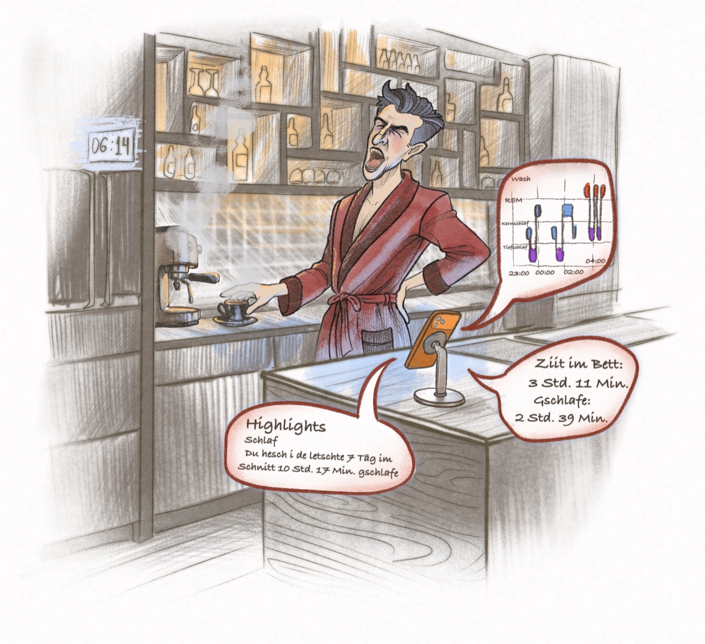 Thomas in the kitchen with sleep-app data at 06:14